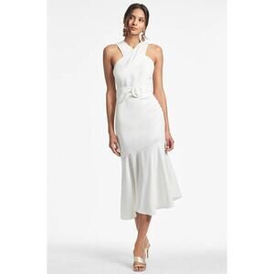 Sachin & Babi Naomi Dress Womens 8 Ivory Halter Ruched‎ Belted Flounce NWT